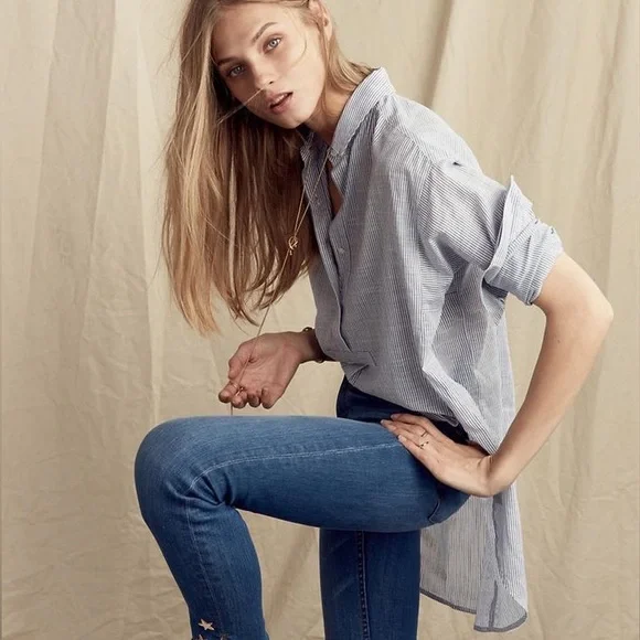 Madewell Side Button Striped Popover Shirt β’ XS β’ Blue and White Stripes - Picture 1 of 13
